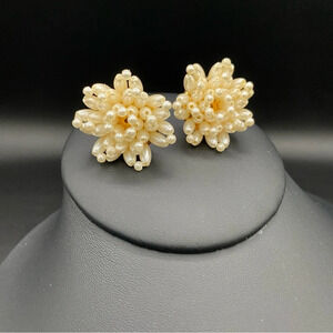 Vintage Cluster Earrings with Faux Pearl Beads in a Flower Design - pierced